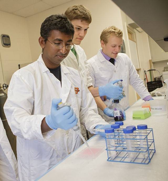 three students wearing lab coats use pipets while working in a lab